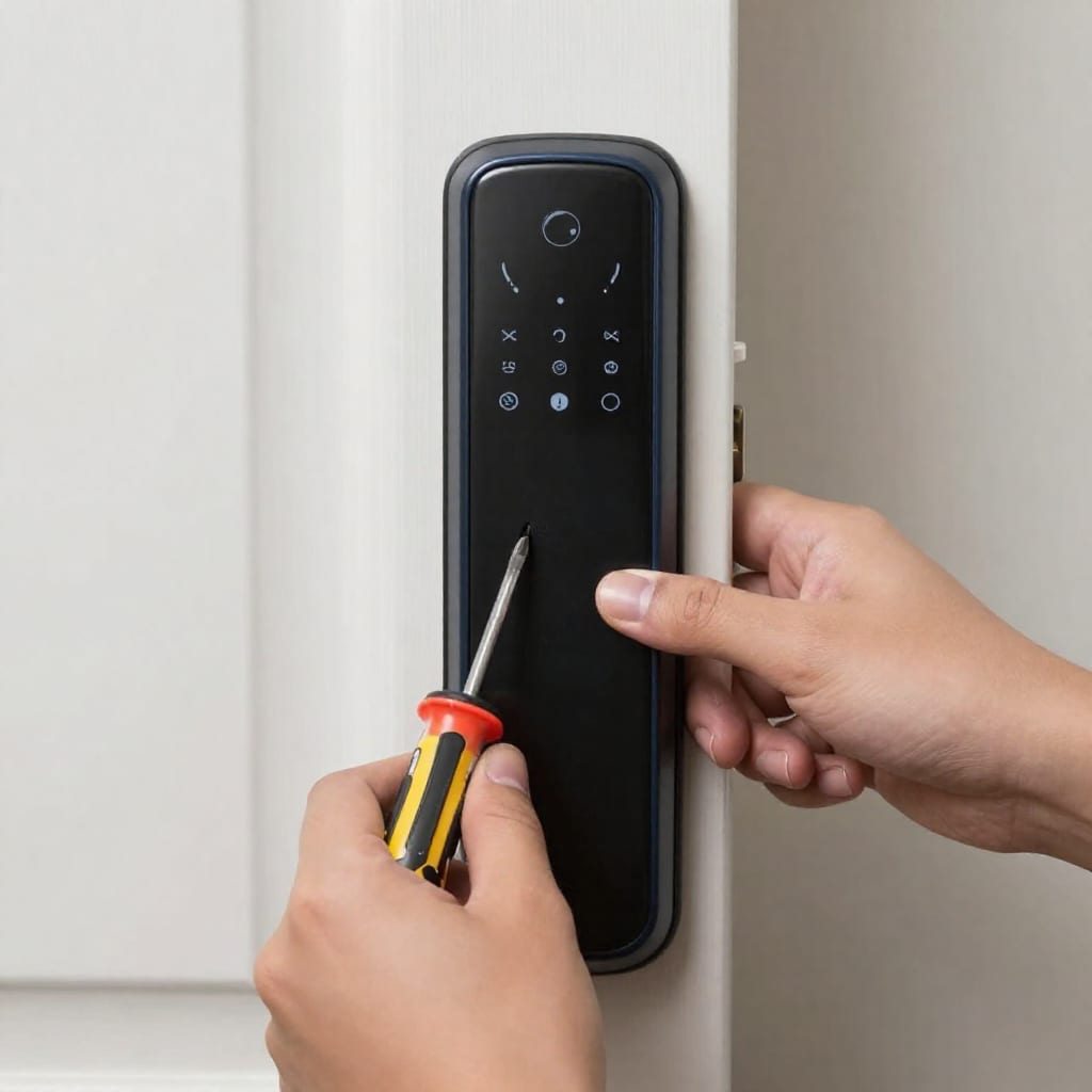 Close-up of smart lock installation on a door with screwdriver and battery pack, showing DIY setup