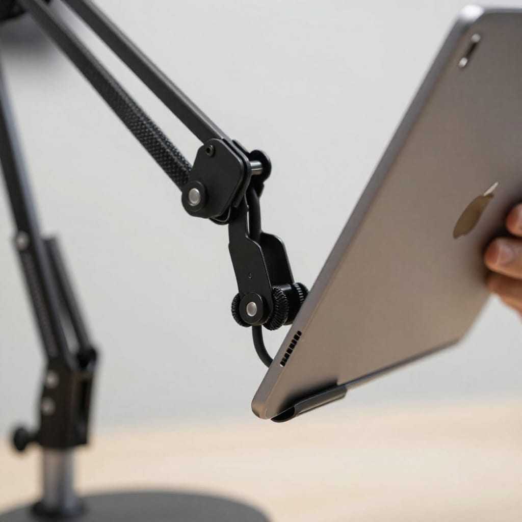 Close-up of a stand's adjustable arm and cable management clip