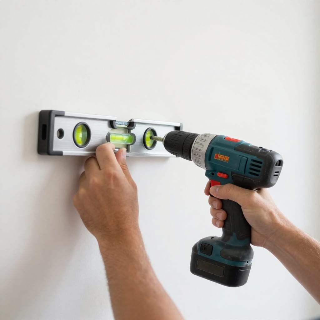 Person installing a wall mount with a level and drill