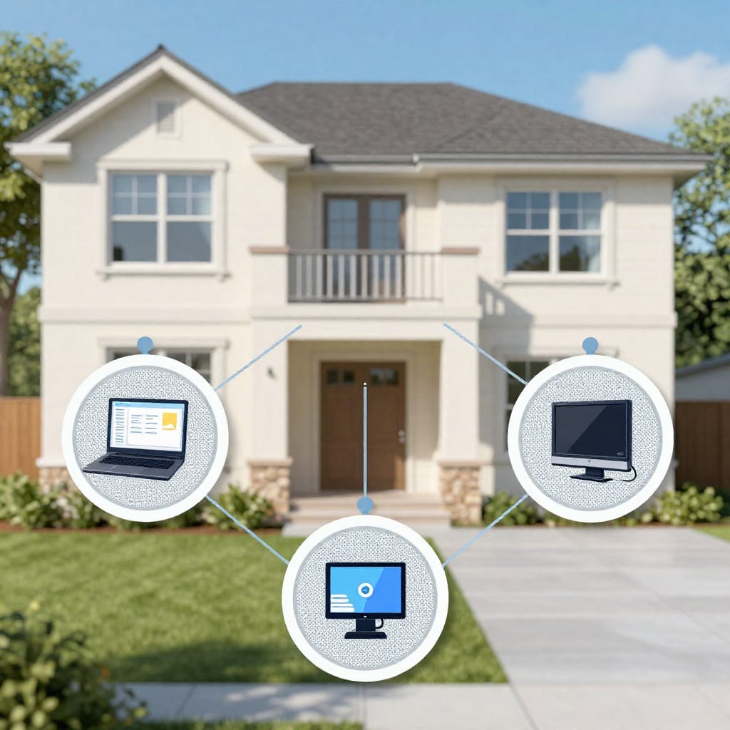 Diagram of three mesh nodes in a two-story home with device icons