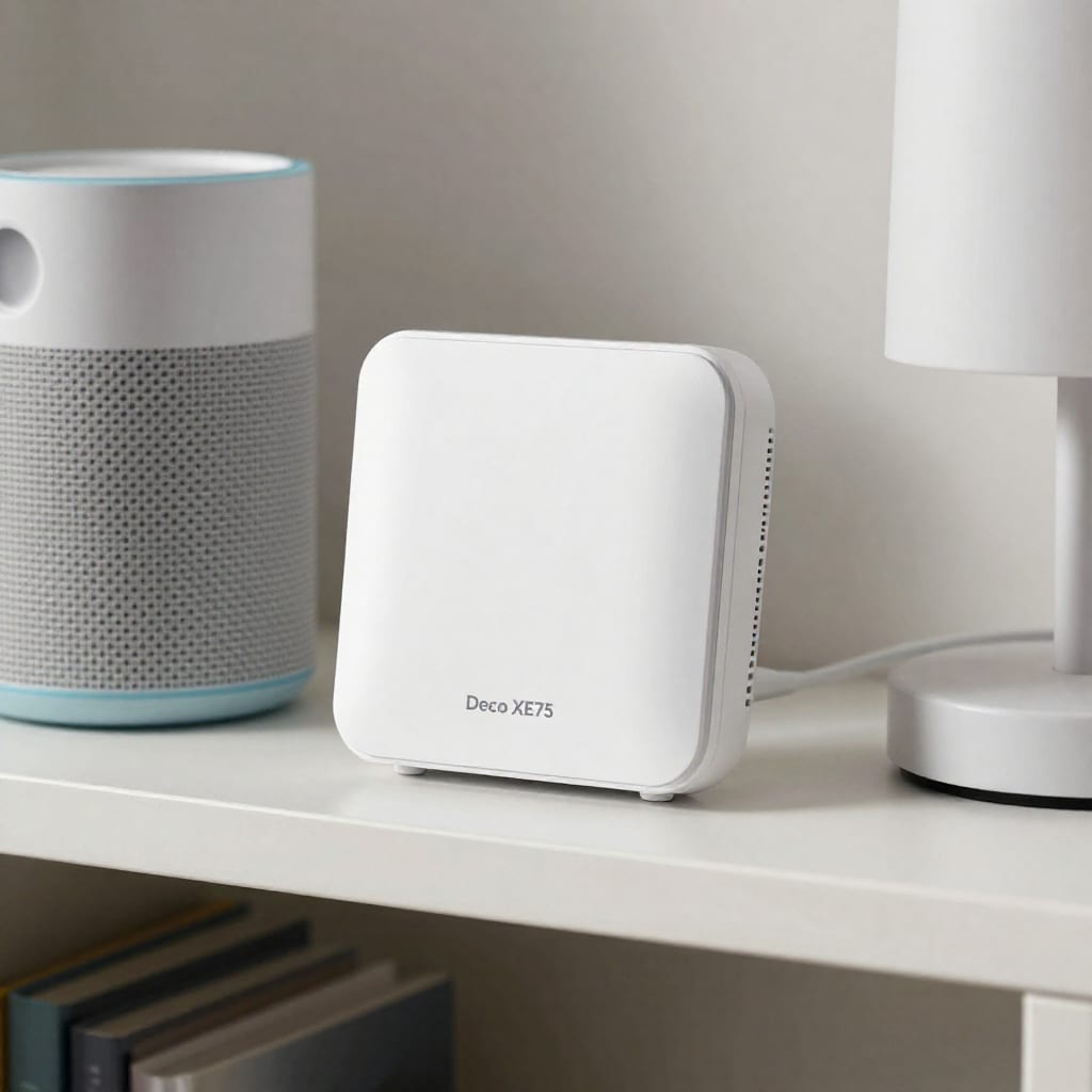 Close-up of a TP-Link Deco XE75 node on a shelf with smart speaker and lamp