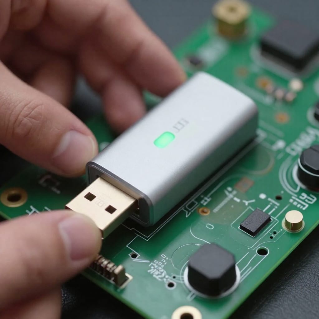 Z-Wave USB dongle plugged into Raspberry Pi with green LED