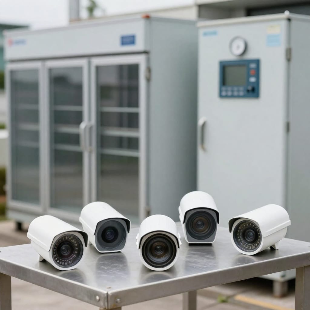 Five security cameras ready for freezer and oven temperature testing
