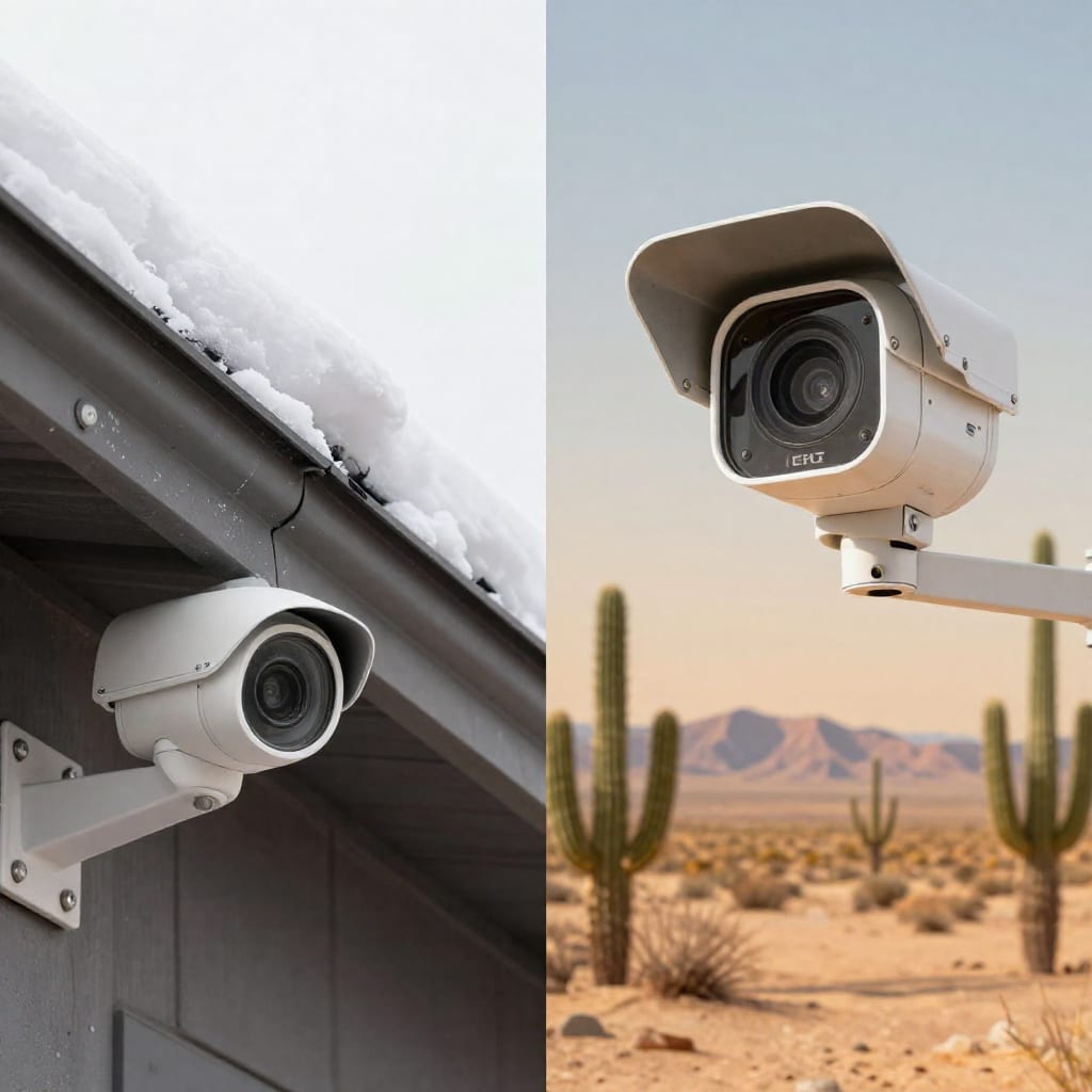 Security camera installed in snow in Alaska and with sun shield in Arizona desert
