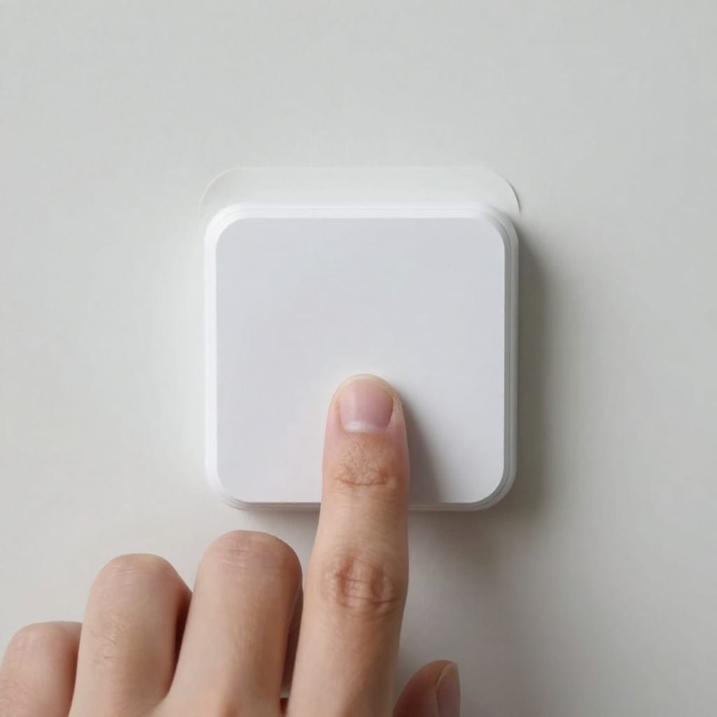 Smart sensor attached to rental wall with Command Strip adhesive for renters