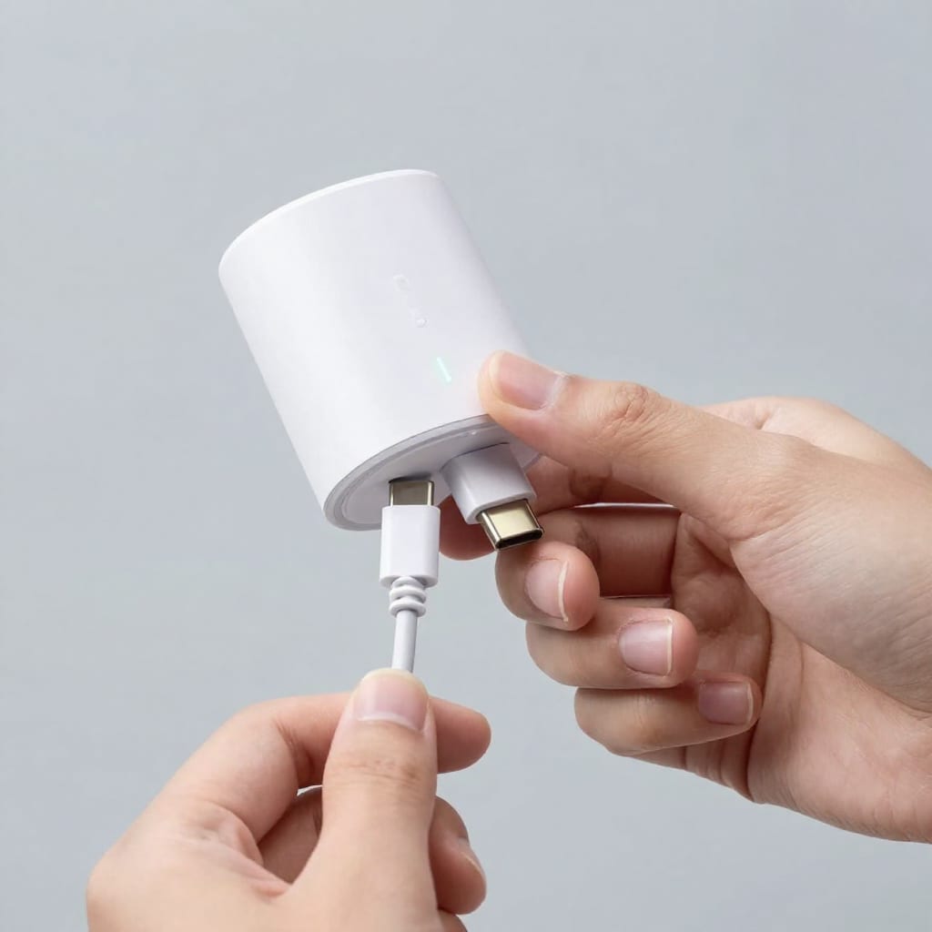 USB-C cable charging a rechargeable smart home sensor