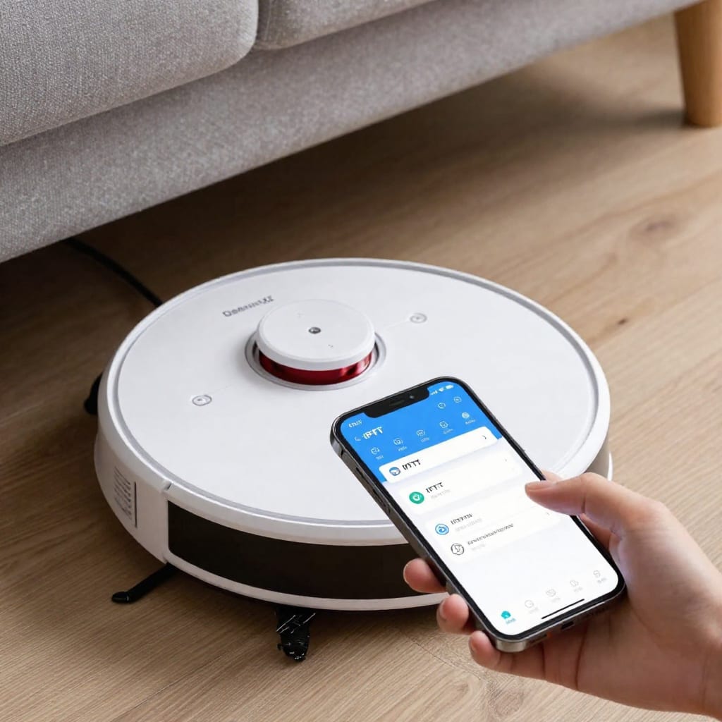 Ecovacs Deebot X2 Omni vacuum docked with IFTTT applets on smartphone