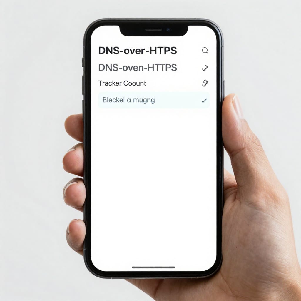 Router dashboard on a smartphone showing DNS-over-HTTPS enabled and blocked tracker count for smart home privacy