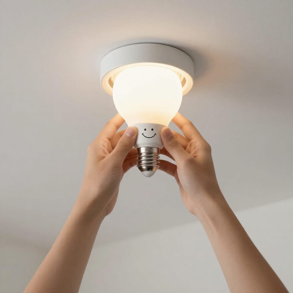 Person installing a smart bulb into ceiling light