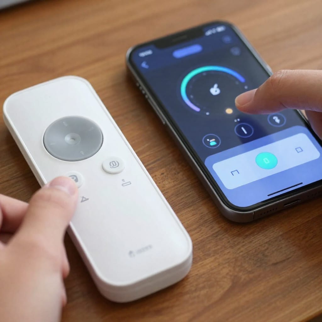 Close-up of a smart ceiling fan's remote control and smartphone app interface showing speed and light controls