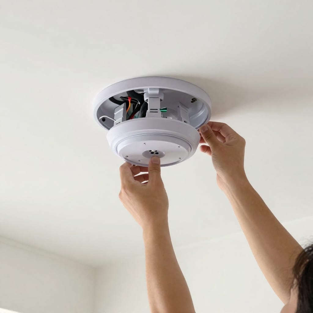Person installing a smart ceiling fan on a ceiling with wiring visible, showing step-by-step setup