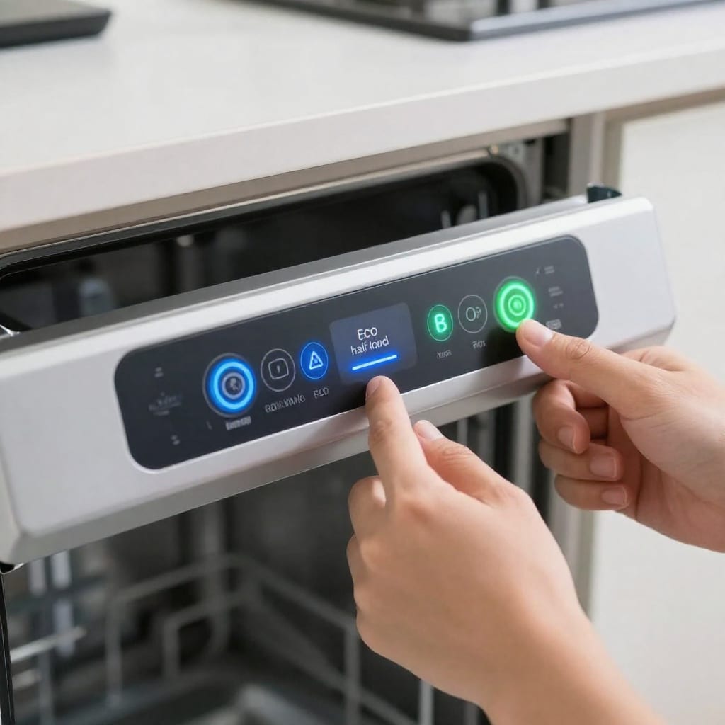 Dishwasher control panel with eco, half-load, and quick wash cycle buttons