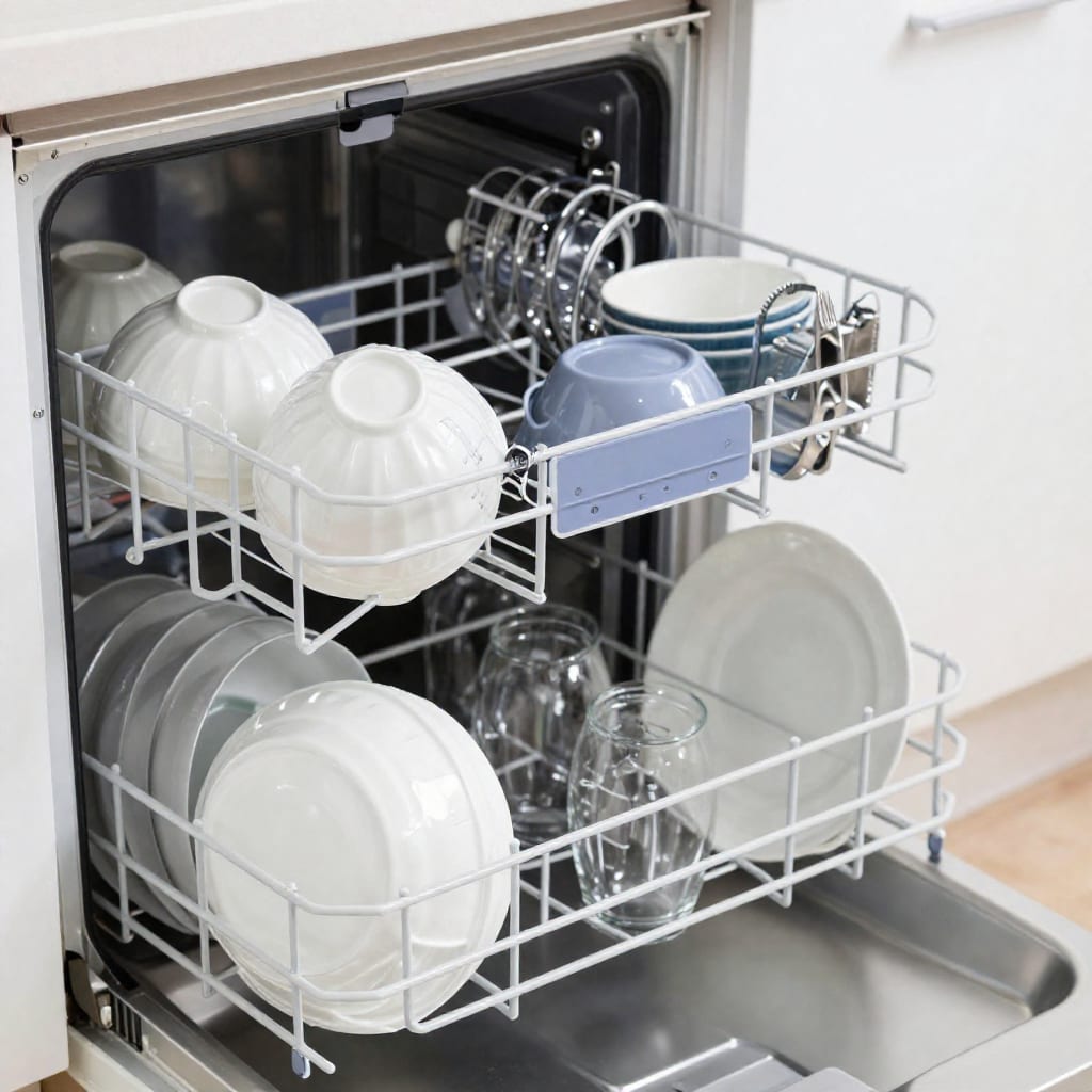 Dishwasher third rack loaded with utensils and small bowls, lower rack visible