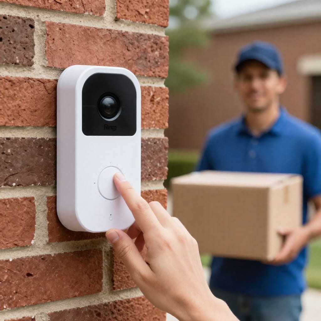 Ring Video Doorbell Pro on brick wall with delivery person