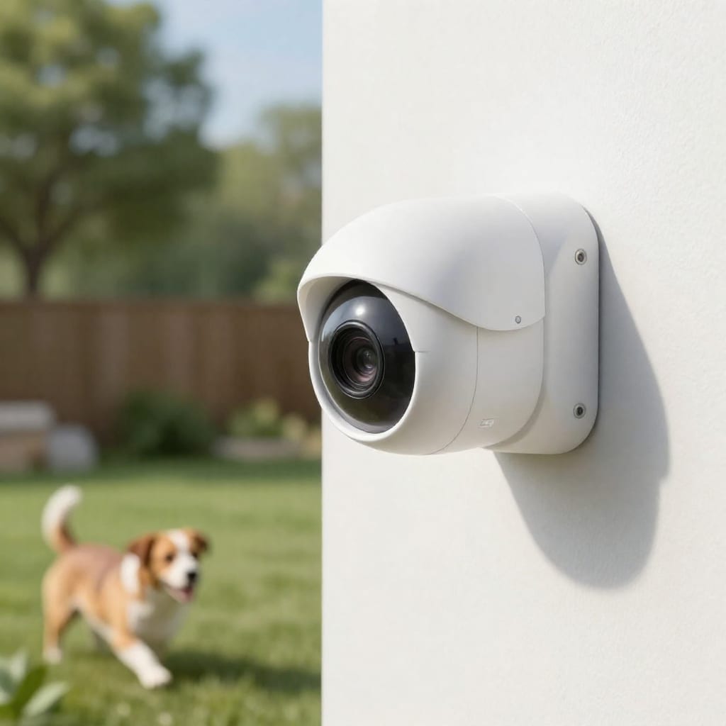 Outdoor smart security camera mounted on brick wall watching a dog playing in a grassy backyard