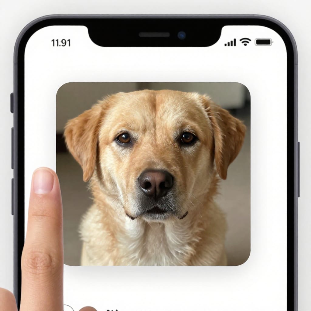 Close-up of smartphone screen displaying a pet detection alert with a photo of a dog and notification text
