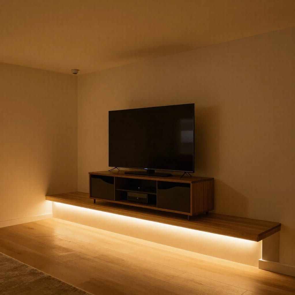 Smart light strip under basement stairs with ceiling motion sensor and media center