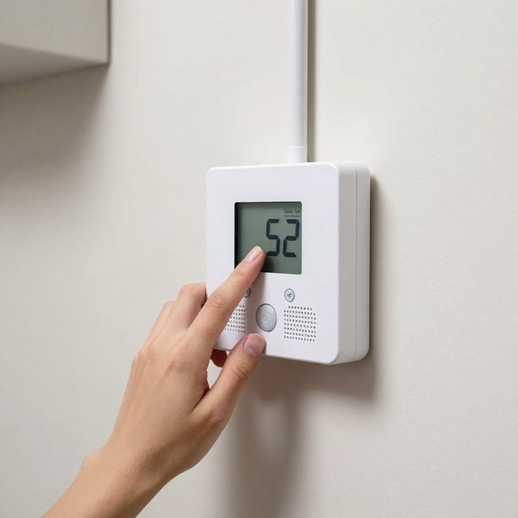Smart thermostat and dehumidifier on a finished basement wall with humidity display