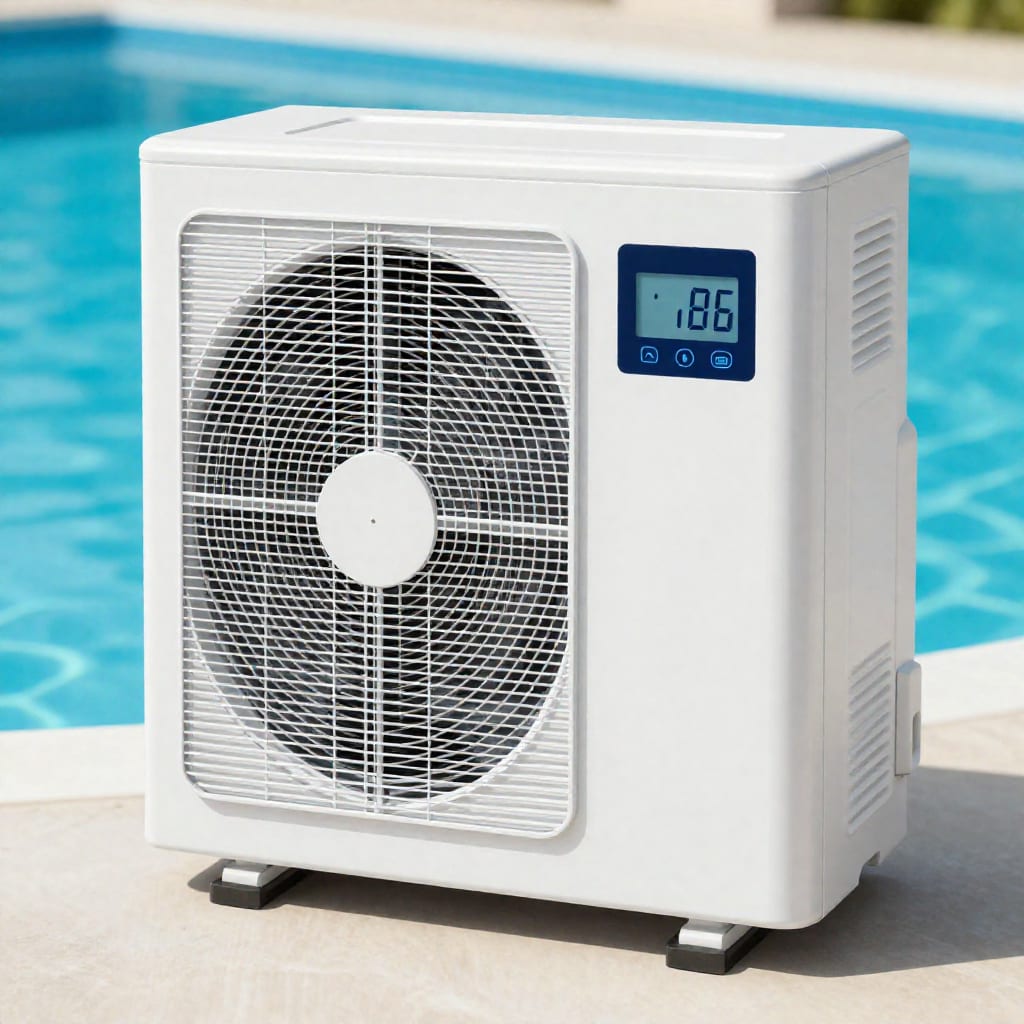 Smart pool heat pump unit beside a pool with digital display showing current temperature and daily schedule