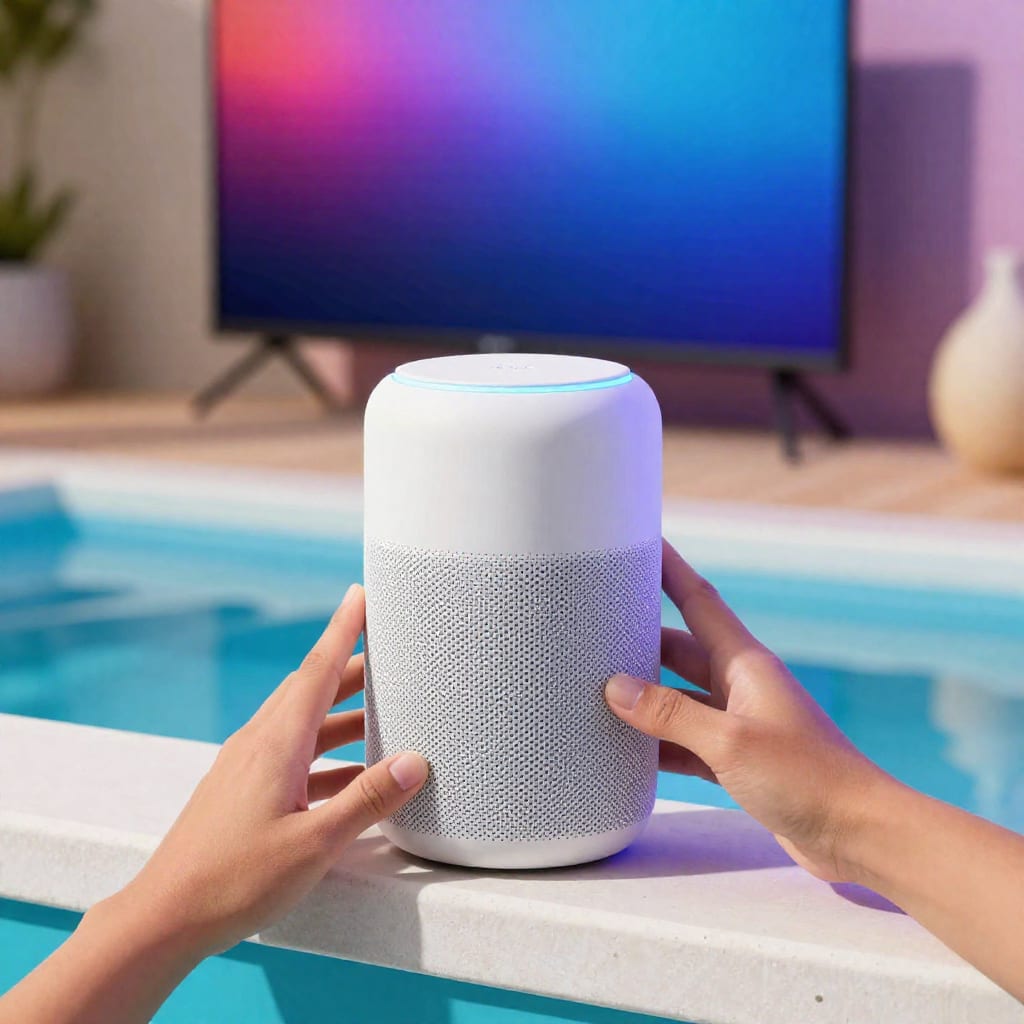 Weatherproof smart speaker and outdoor TV setup by a poolside with colorful ambient lighting at dusk