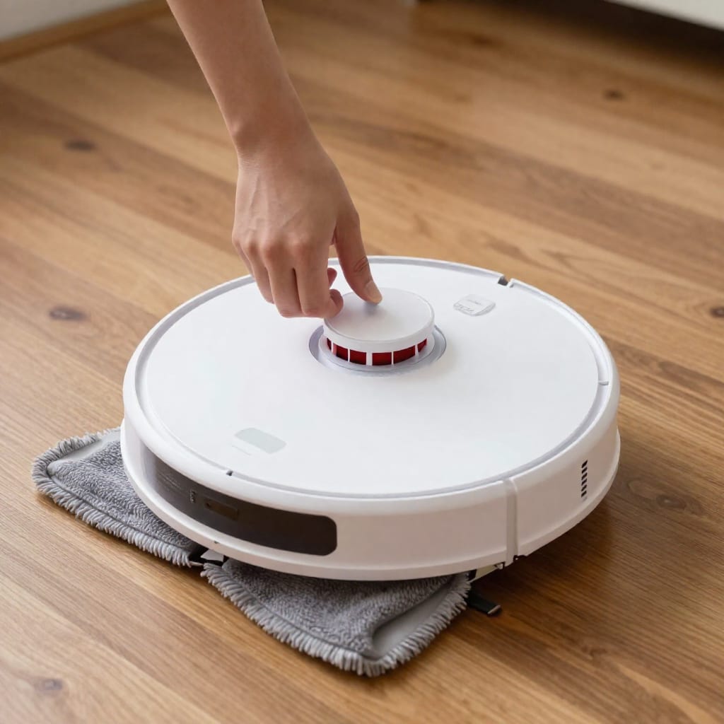 Robot mop with HEPA filter on hardwood floor