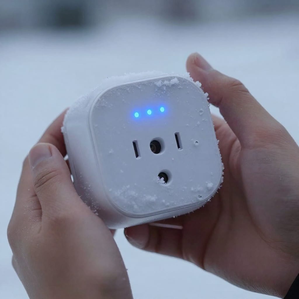 Kasa smart plug in snow and ice glowing blue
