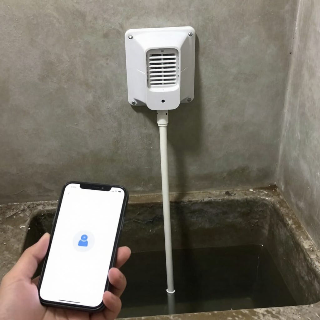 Flood sensor mounted on basement wall with probe in sump pit