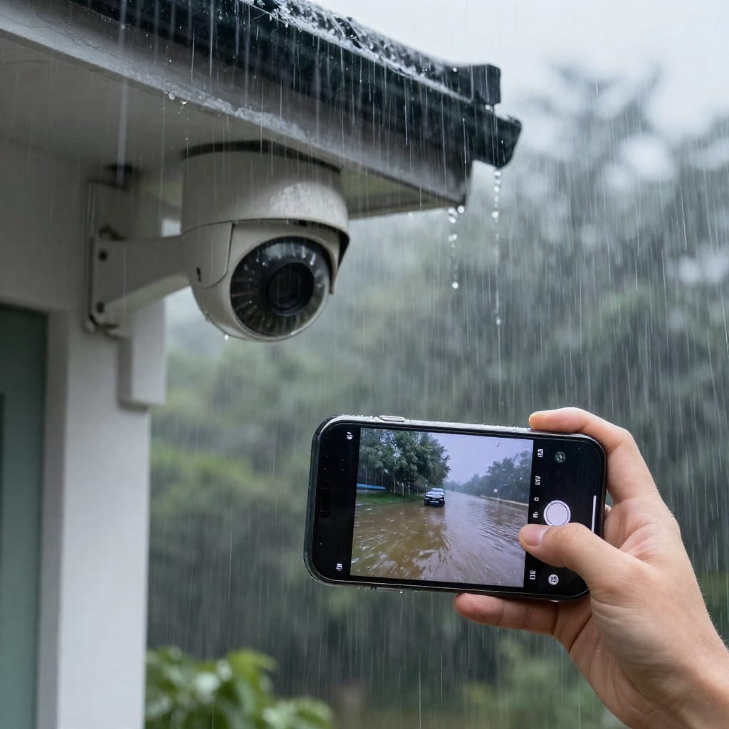 Outdoor security camera under eave during rain with smartphone showing live flood view