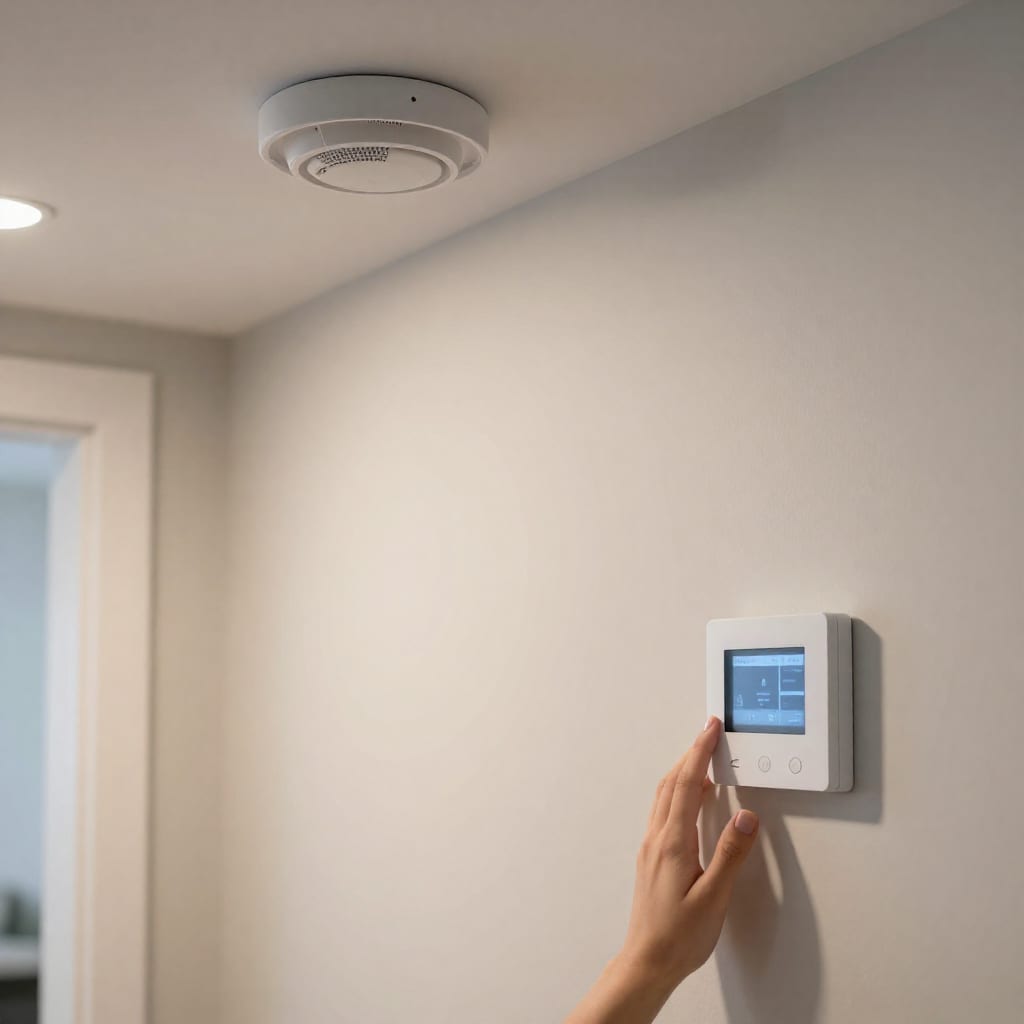 Nest Protect smart smoke alarm and smart thermostat in a hallway of a newly built home