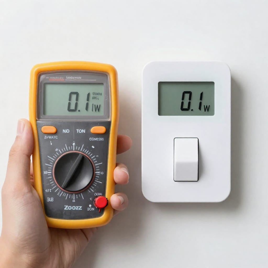 Zooz Z-Wave dimmer switch next to a multimeter reading 0.1 watts