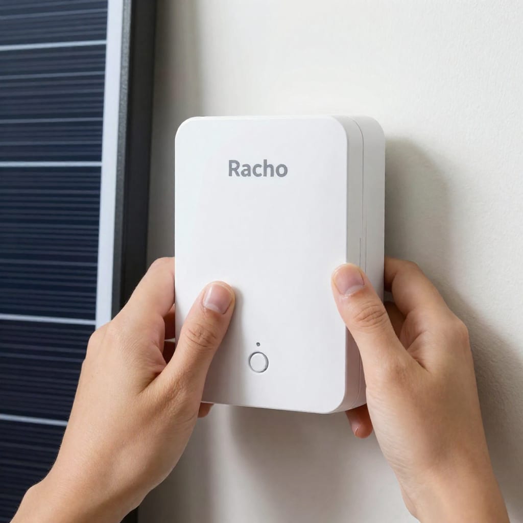 Rachio smart irrigation controller on a wall, solar panel in background