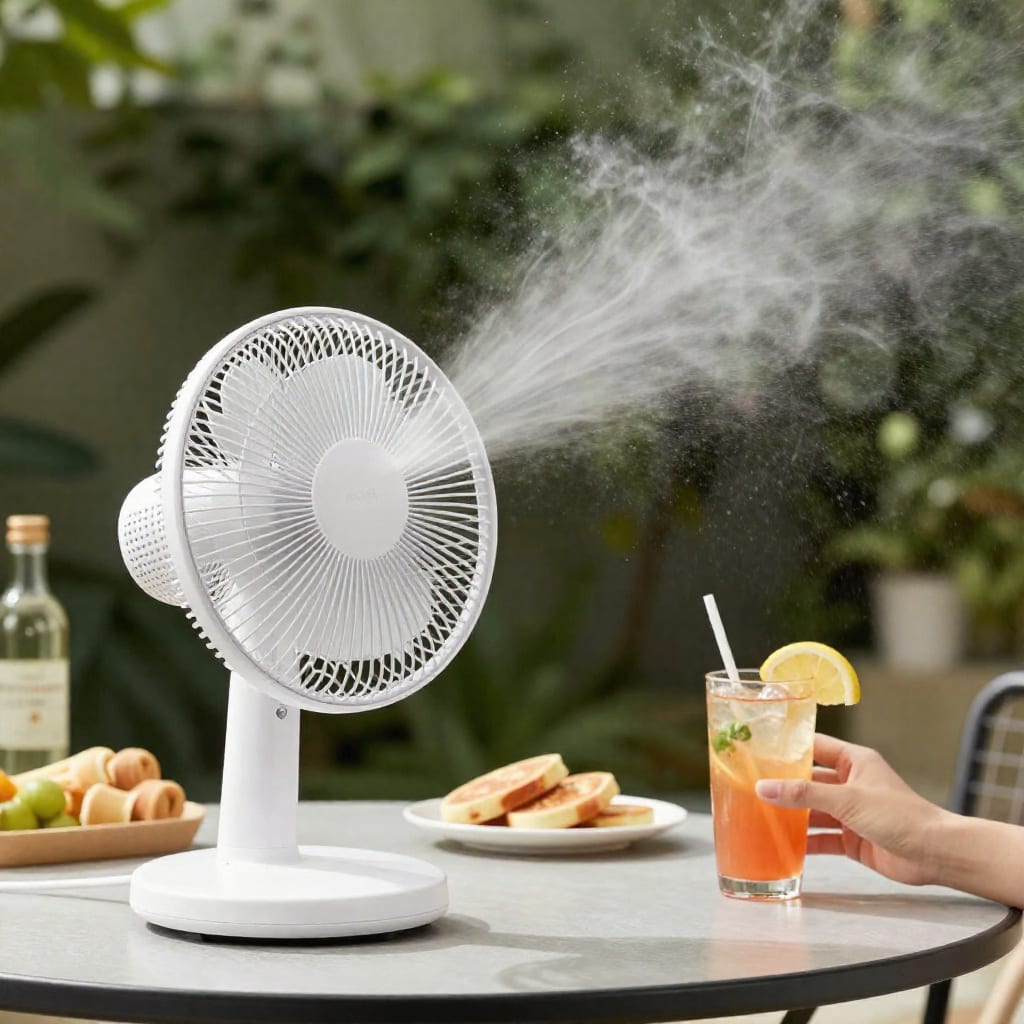 Smart misting fan on a patio with drinks