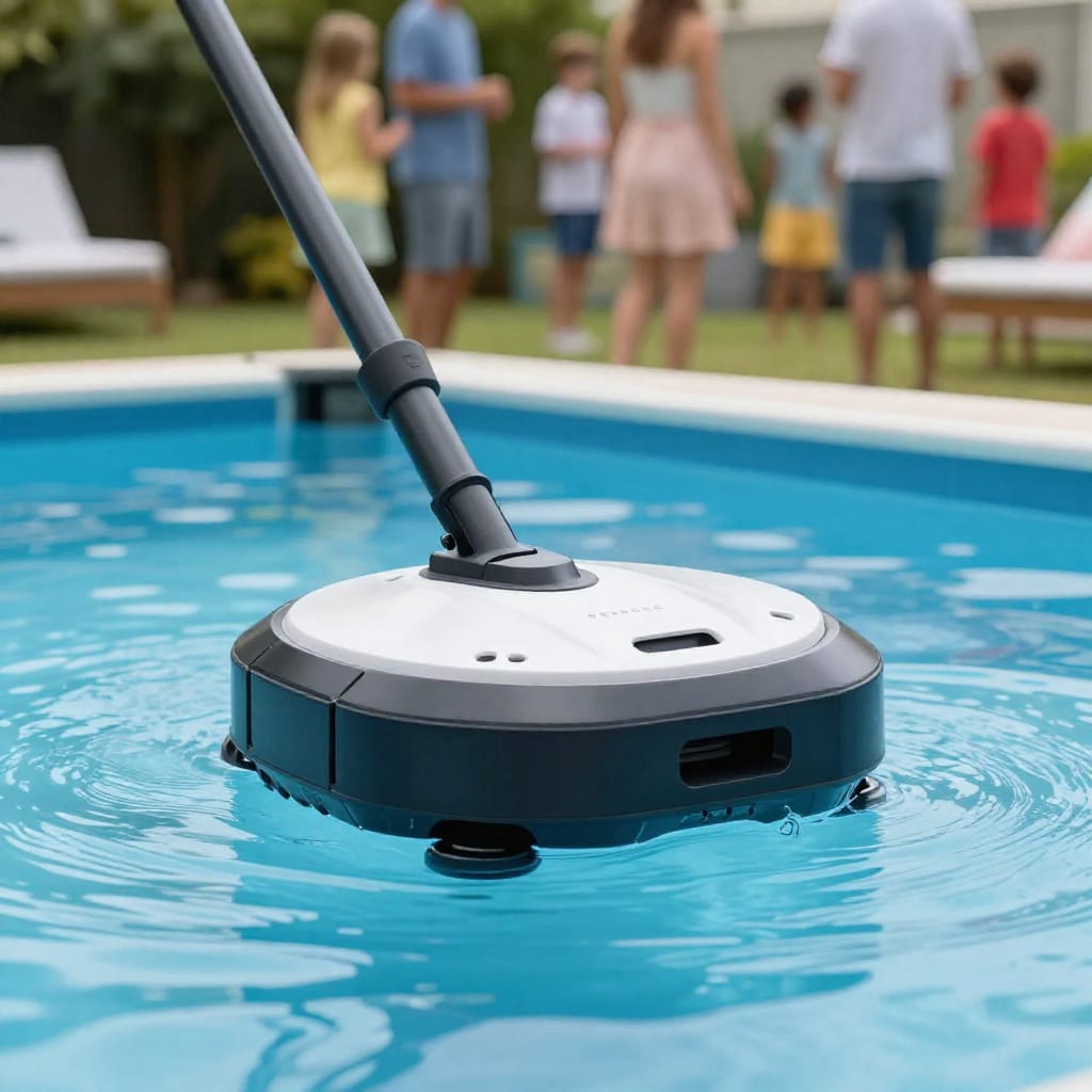 Robotic pool cleaner in a backyard pool