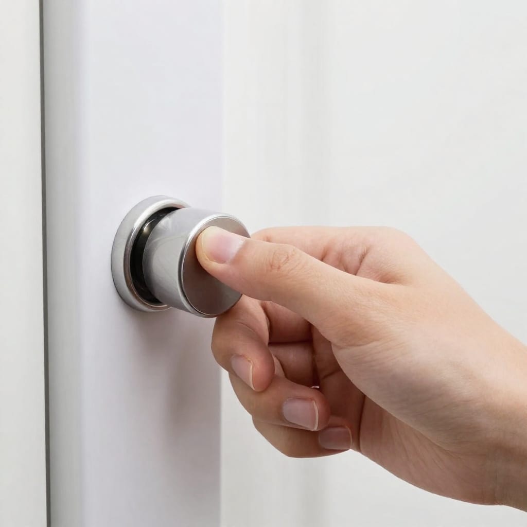 Close-up of a renter’s hand installing an August Smart Lock on an apartment door without drilling
