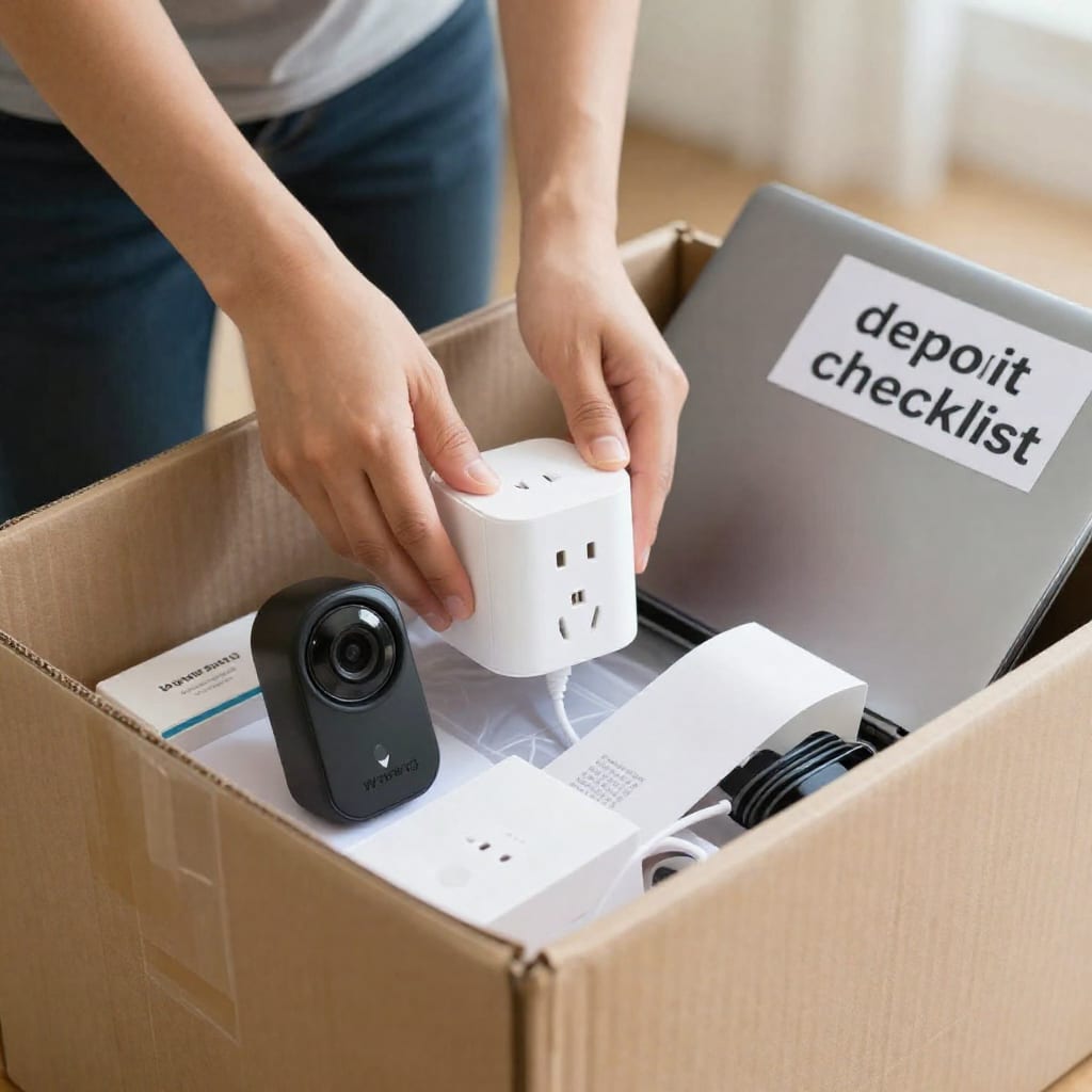 A renter packing a Wyze Cam v3 and Kasa smart plug into a moving box alongside a deposit checklist notebook