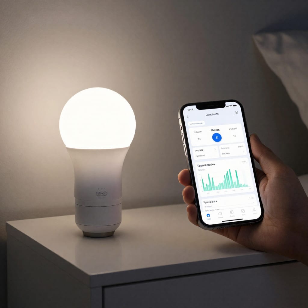Smart bulb and motion sensor with phone app showing lighting schedule and energy graph