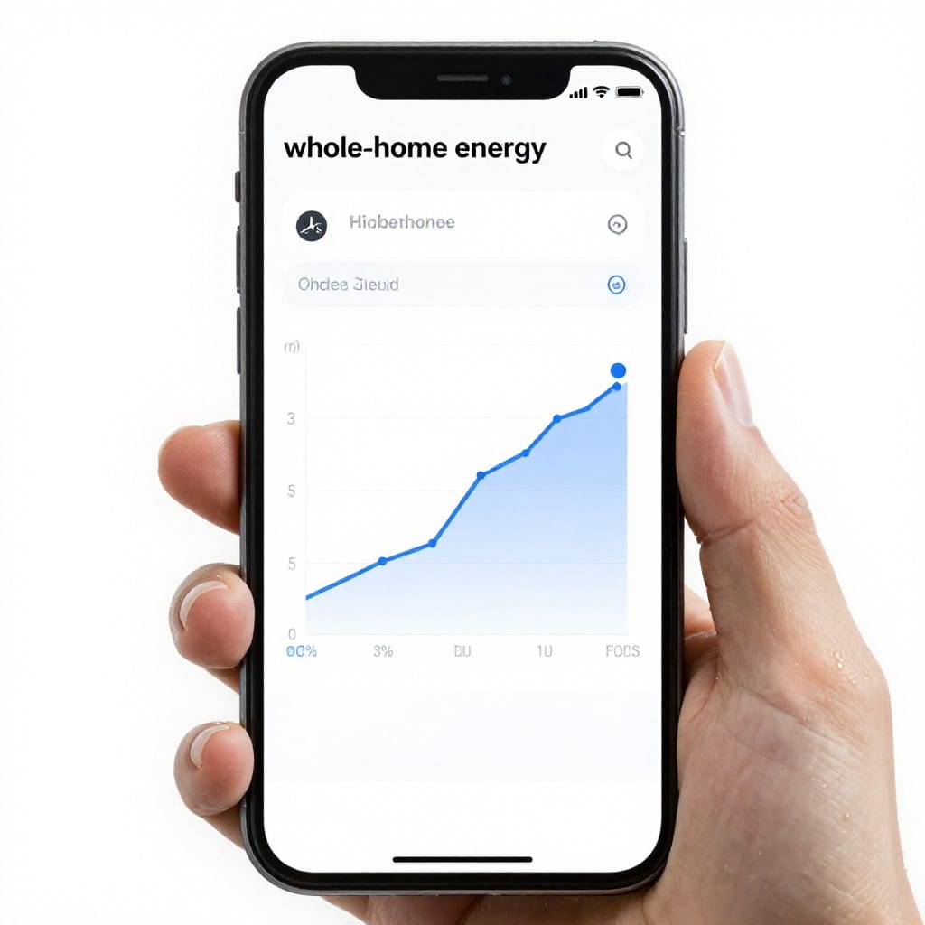 Smartphone screen showing whole-home energy monitor dashboard with appliance breakdown