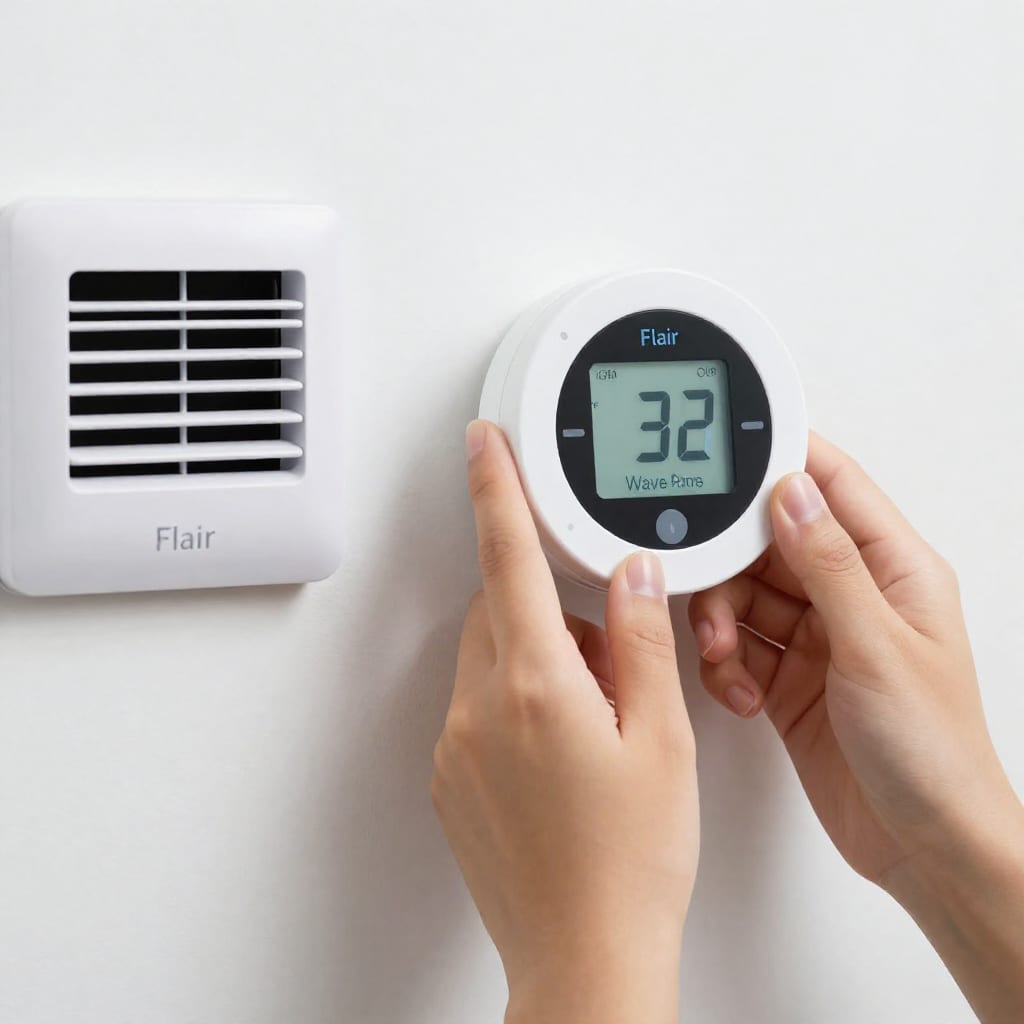 Airthings Wave Plus air quality monitor next to Flair smart vent in office
