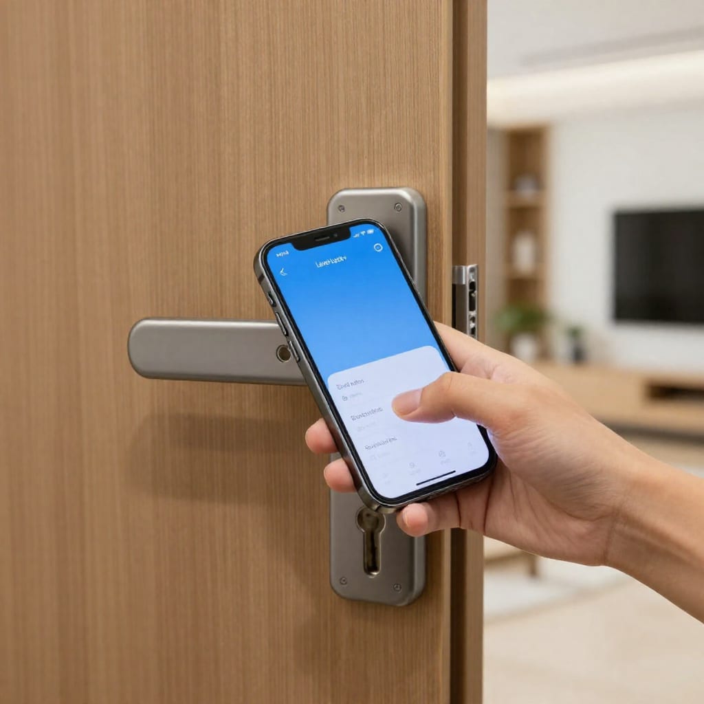 Lock+ smart lock on wooden door with smartphone unlocking interface