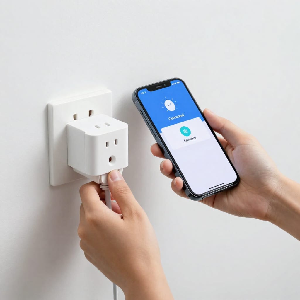 Person plugging smart plug into outlet with phone app showing connection