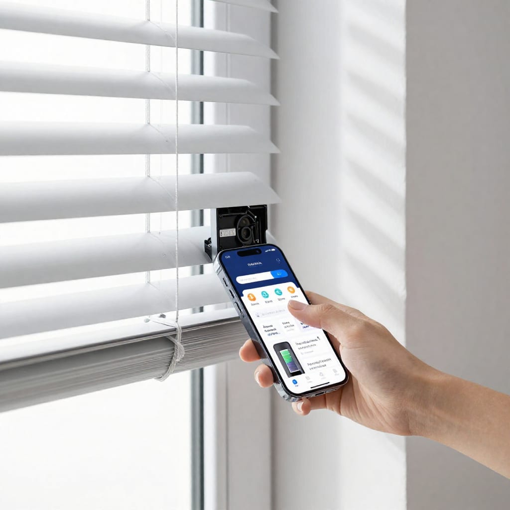 Smart blinds partially open with battery compartment and phone app