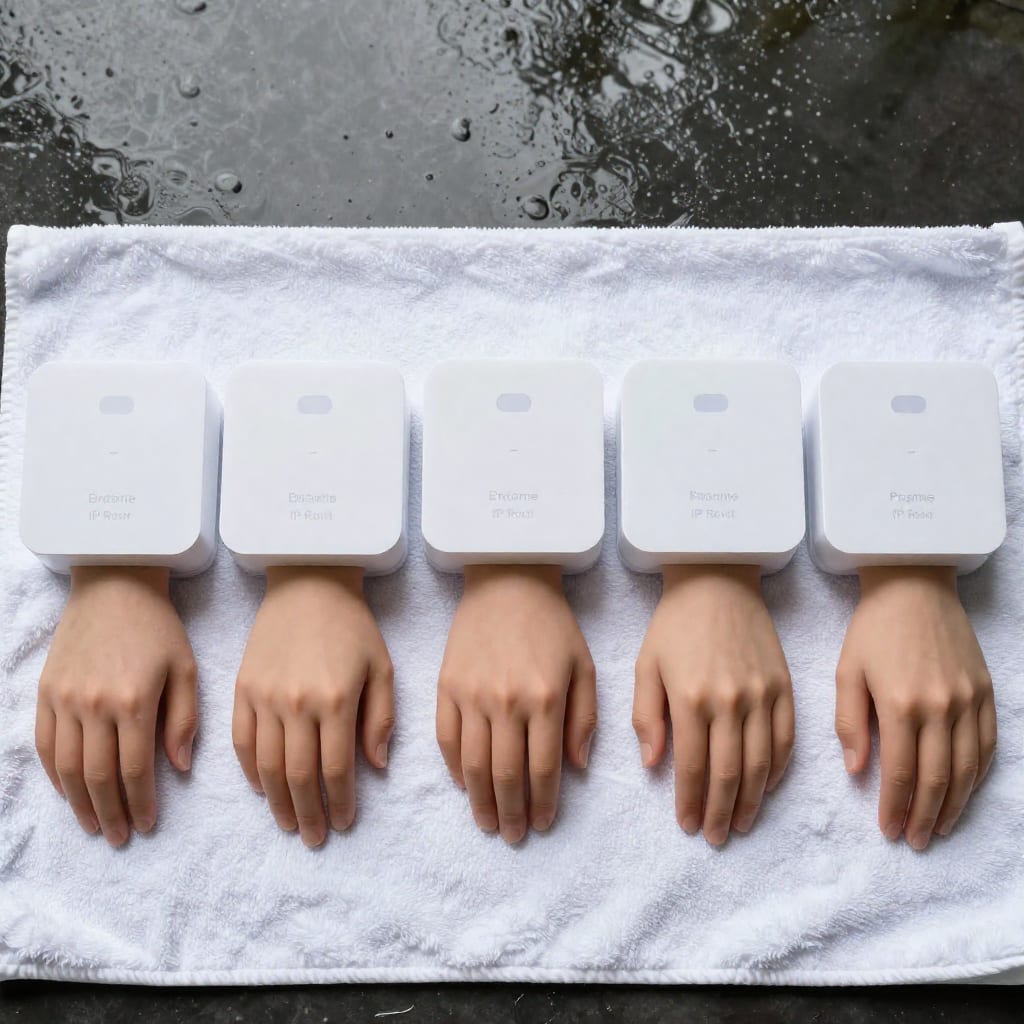 Seven IP67+ smart home devices laid out on a towel after rain testing