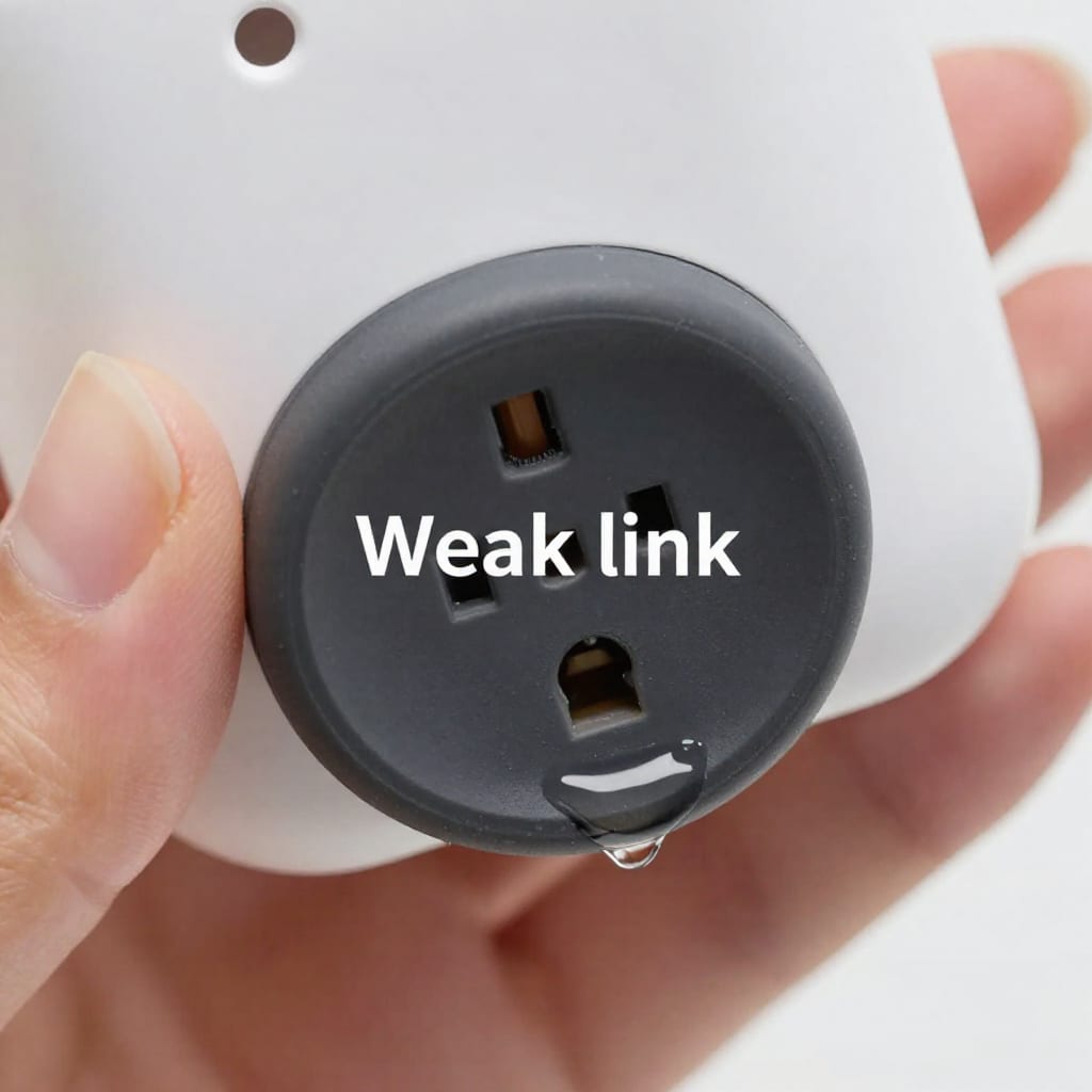 Close-up of a smart plug's rubber port cover with a water droplet at the edge