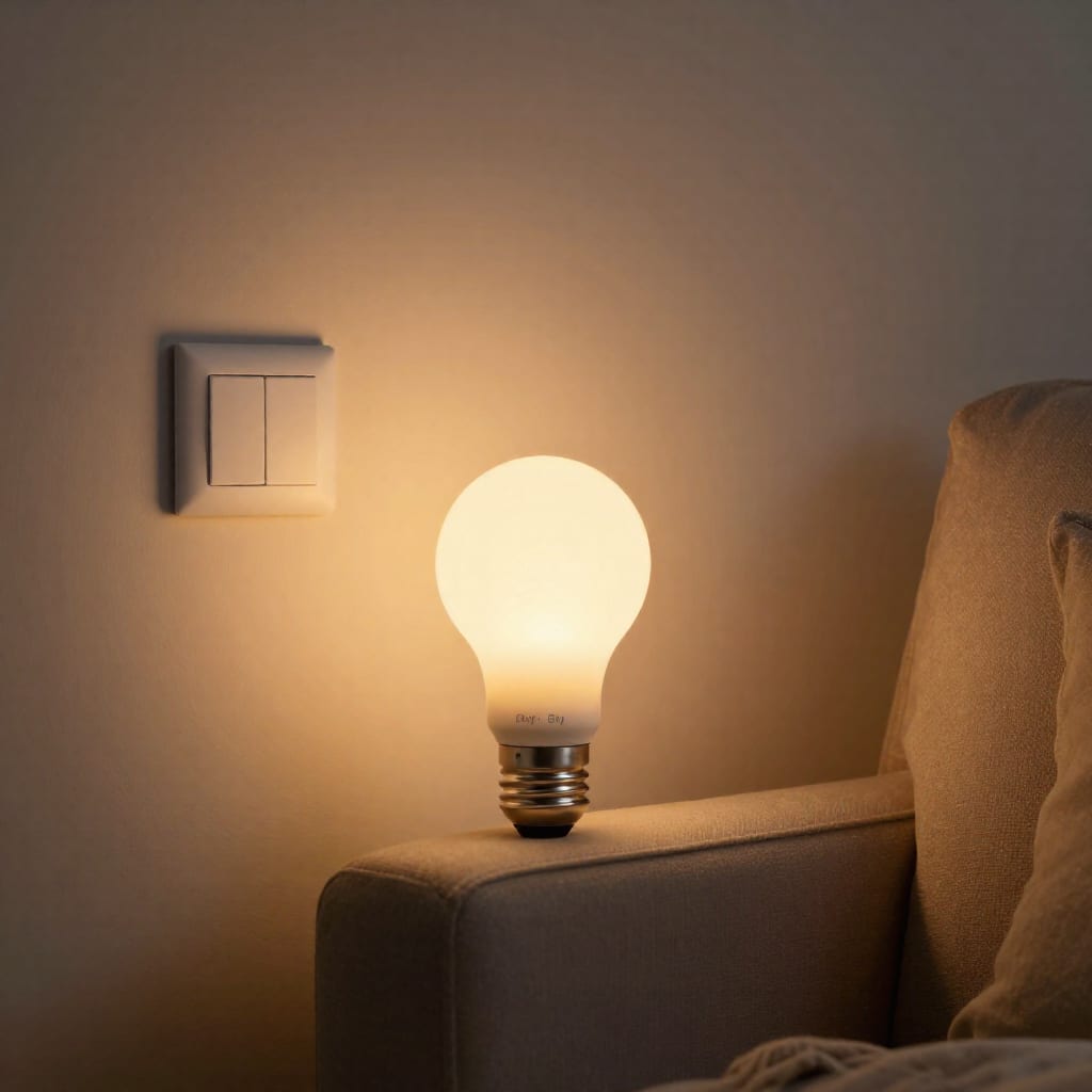 Smart bulb and labeled switch in a cozy living room