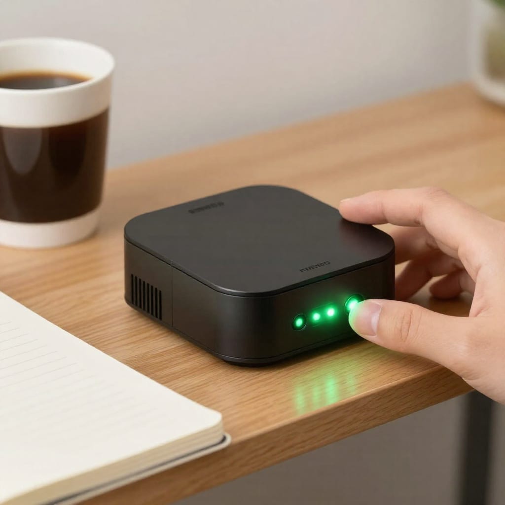Smart home hub with green LED on wooden shelf