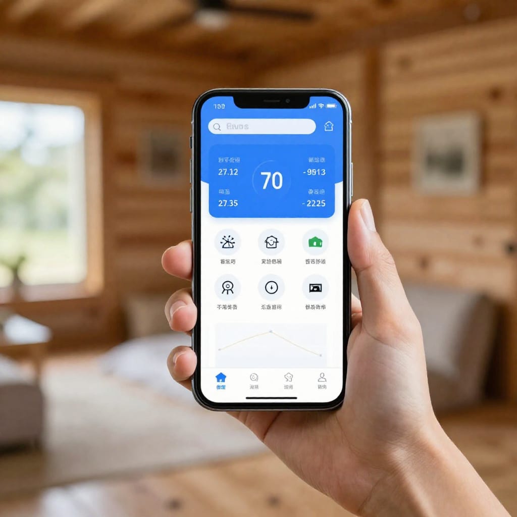 Smartphone displaying smart home monitoring app dashboard in cabin