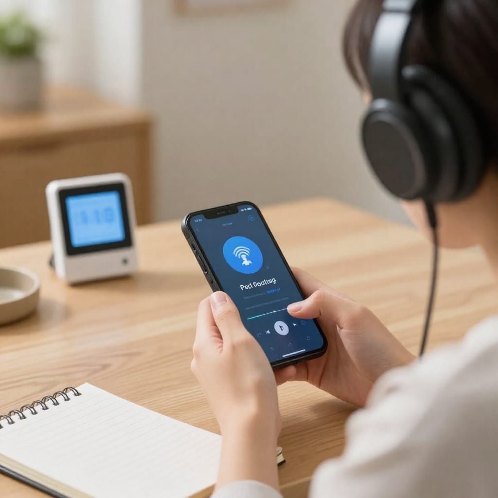 Person at desk with smart thermostat and podcast on headphones