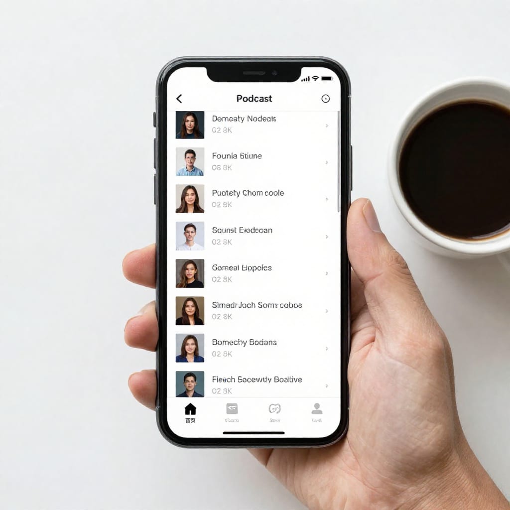 Smartphone screen with smart home podcast episode list next to coffee