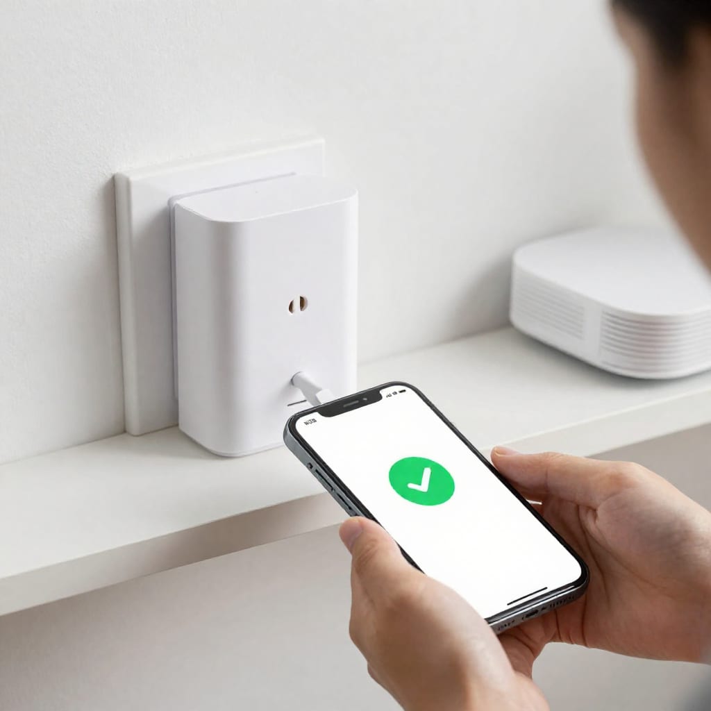 Person plugging smart home extender into wall outlet near central hub with smartphone showing network status