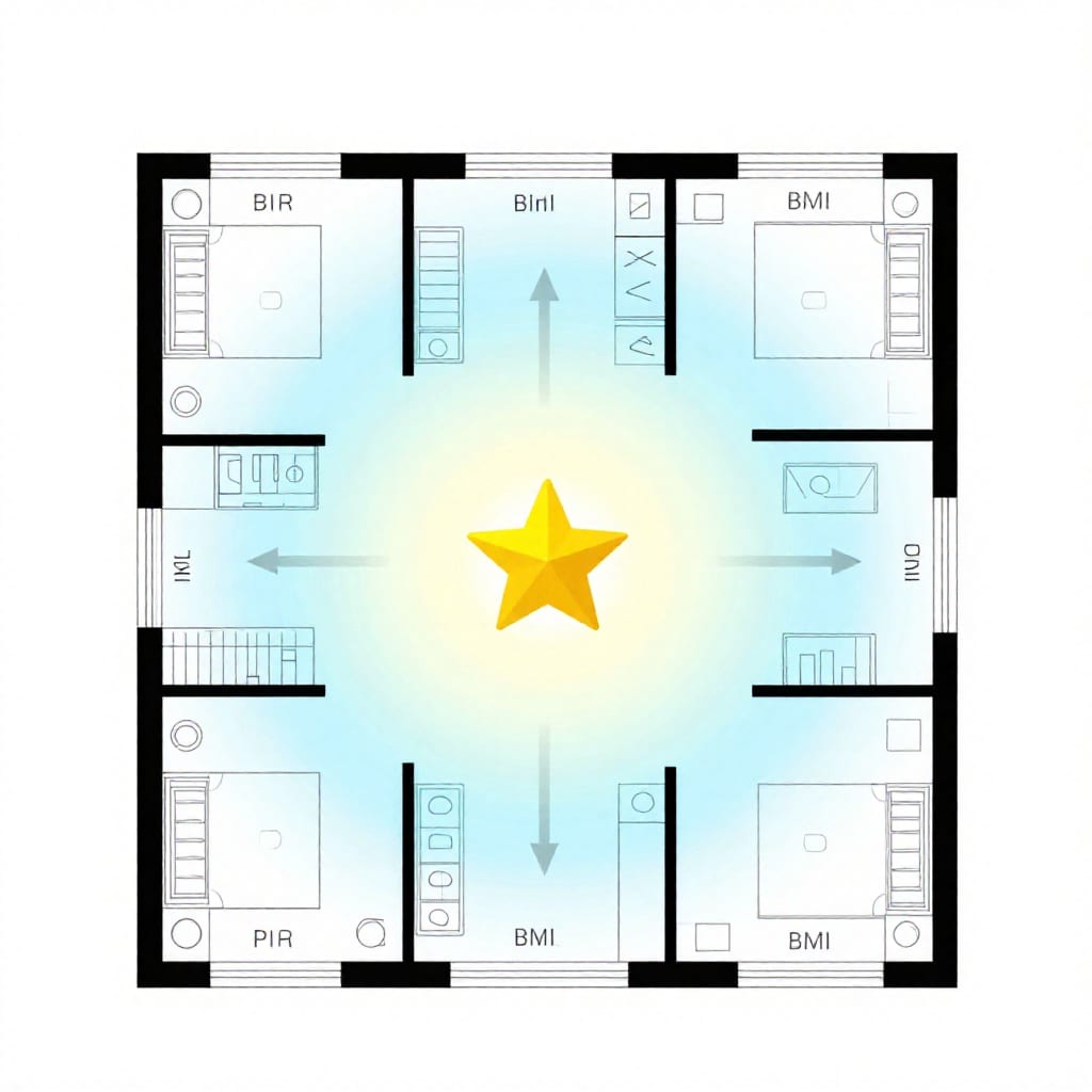 Diagram of house floor plan with optimal smart home extender placement and signal coverage arrows